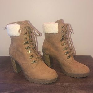 “Brash” booties, tan suede with fleece, size 8